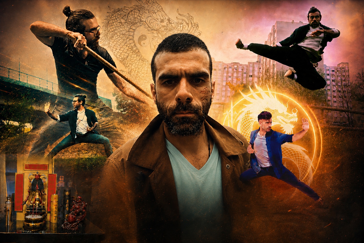 Montagem do Kung Fu Sei Zin Faat Kuen (antigo Yangyiquan): Pedro P. da Fonseca em retrato e em quatro momentos de combate